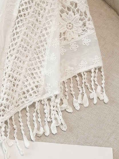 Effortless Cream Poncho Shirt for Women with Crochet Lace Fringe Hem Draped Style