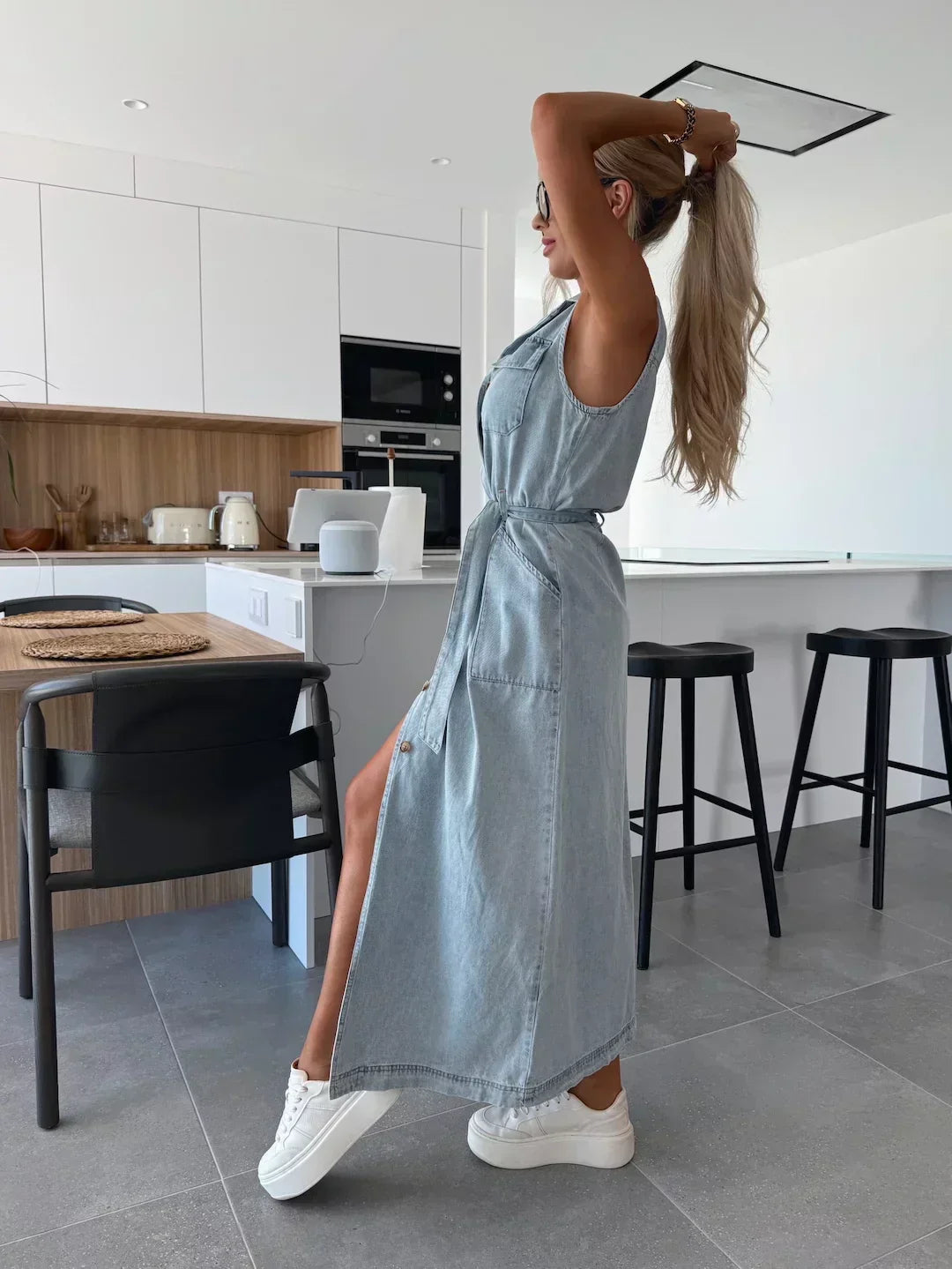 Effortless Denim Dress for Women with Collar Sleeveless Button Front Belted Style