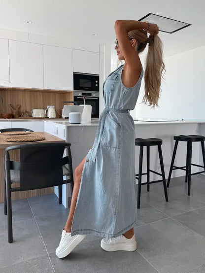 Effortless Denim Dress for Women with Collar Sleeveless Button Front Belted Style