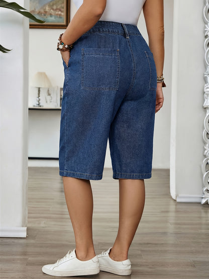 Effortless Blue Denim Bermuda Jean Shorts for Women with High Waist Pleated Wide Leg
