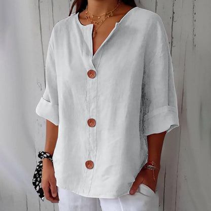 Effortless Linen Button Front Shirt for Women with V Neck Cuffed Sleeve Relaxed Casual Style