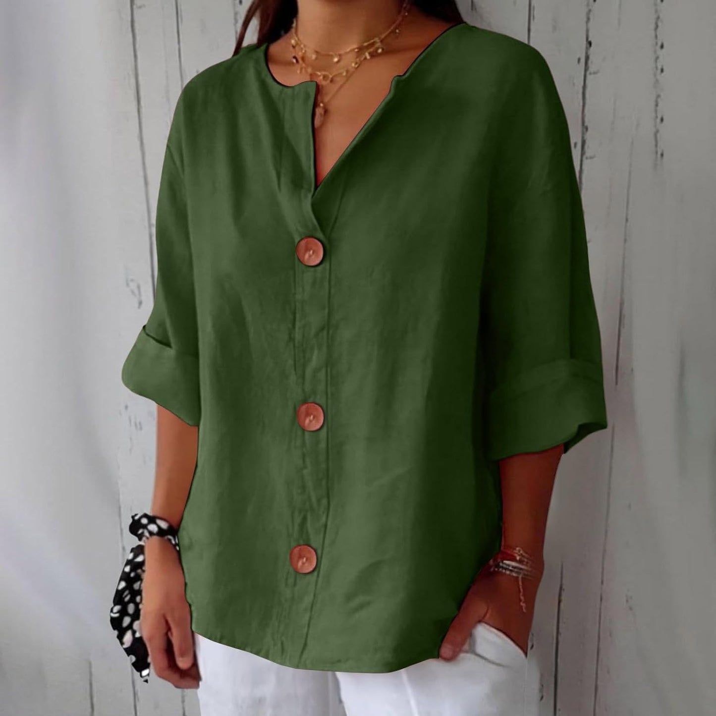 Effortless Linen Button Front Shirt for Women with V Neck Cuffed Sleeve Relaxed Casual Style