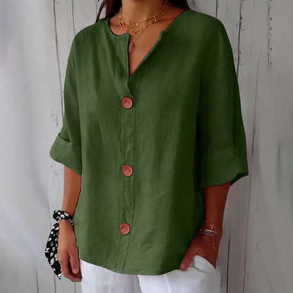 Effortless Linen Button Front Shirt for Women with V Neck Cuffed Sleeve Relaxed Casual Style