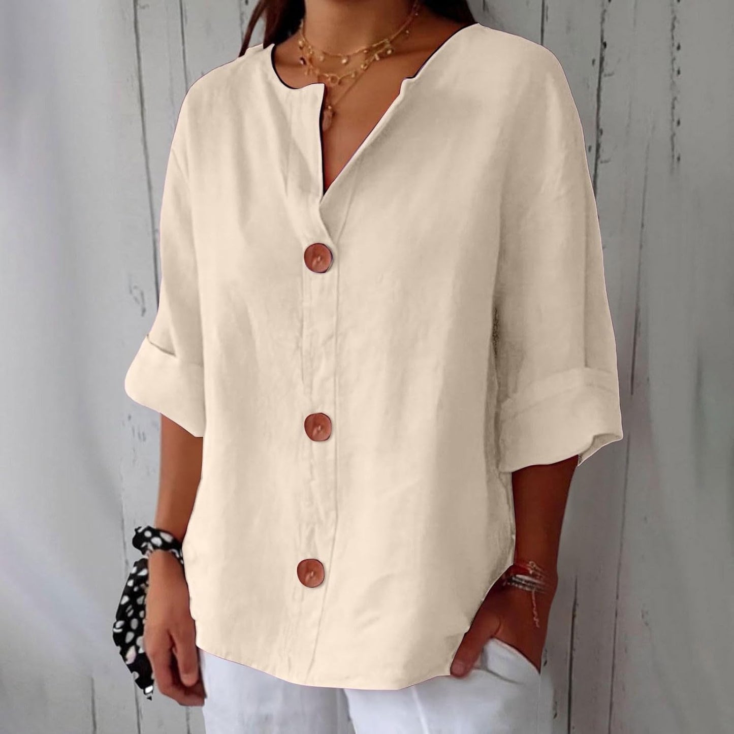Effortless Linen Button Front Shirt for Women with V Neck Cuffed Sleeve Relaxed Casual Style