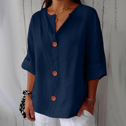 Effortless Linen Button Front Shirt for Women with V Neck Cuffed Sleeve Relaxed Casual Style
