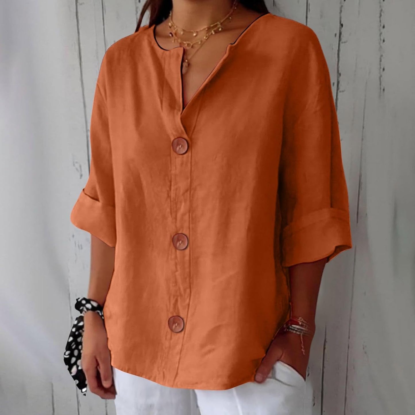 Effortless Linen Button Front Shirt for Women with V Neck Cuffed Sleeve Relaxed Casual Style