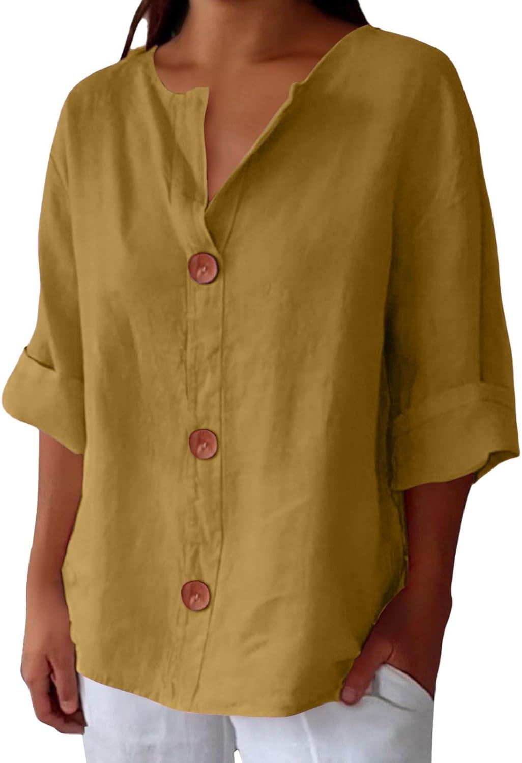 Effortless Linen Button Front Shirt for Women with V Neck Cuffed Sleeve Relaxed Casual Style