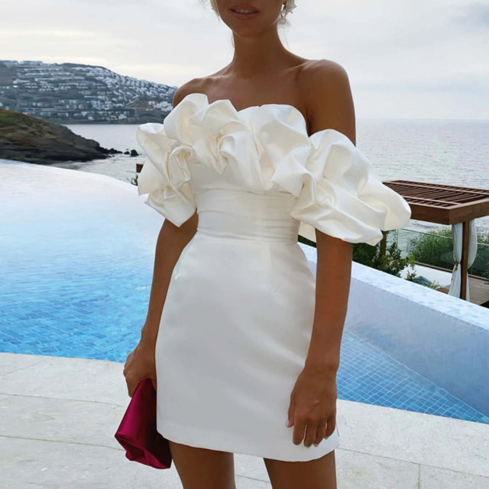 Elegant Satin Mini Dress for Women with Sweetheart Neckline Ruffle Sleeve Bodycon Cocktail Style