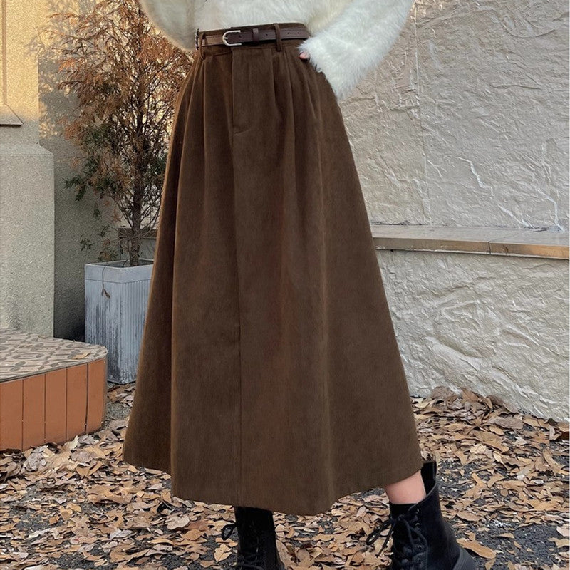 Elegant Belted Midi Skirt for Women with High Waist Pleated A Line Flowing Style
