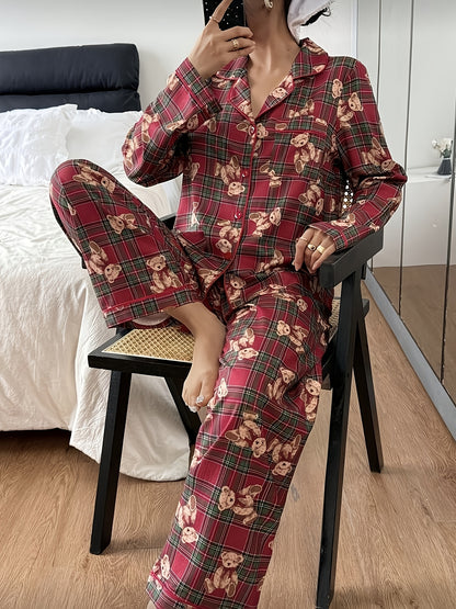 Cozy Bear Plaid Christmas Holiday Pajamas for Women with Notched Collar Long Sleeve Two Piece Style