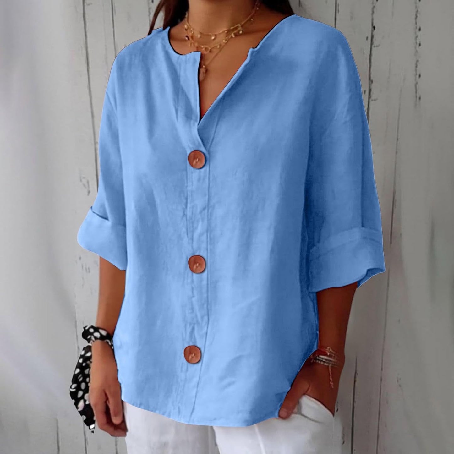 Effortless Linen Button Front Shirt for Women with V Neck Cuffed Sleeve Relaxed Casual Style