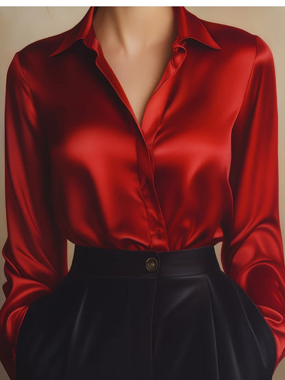 Elegant Satin Long Sleeve Shirt for Women with Collar Button Front Relaxed Silky Style