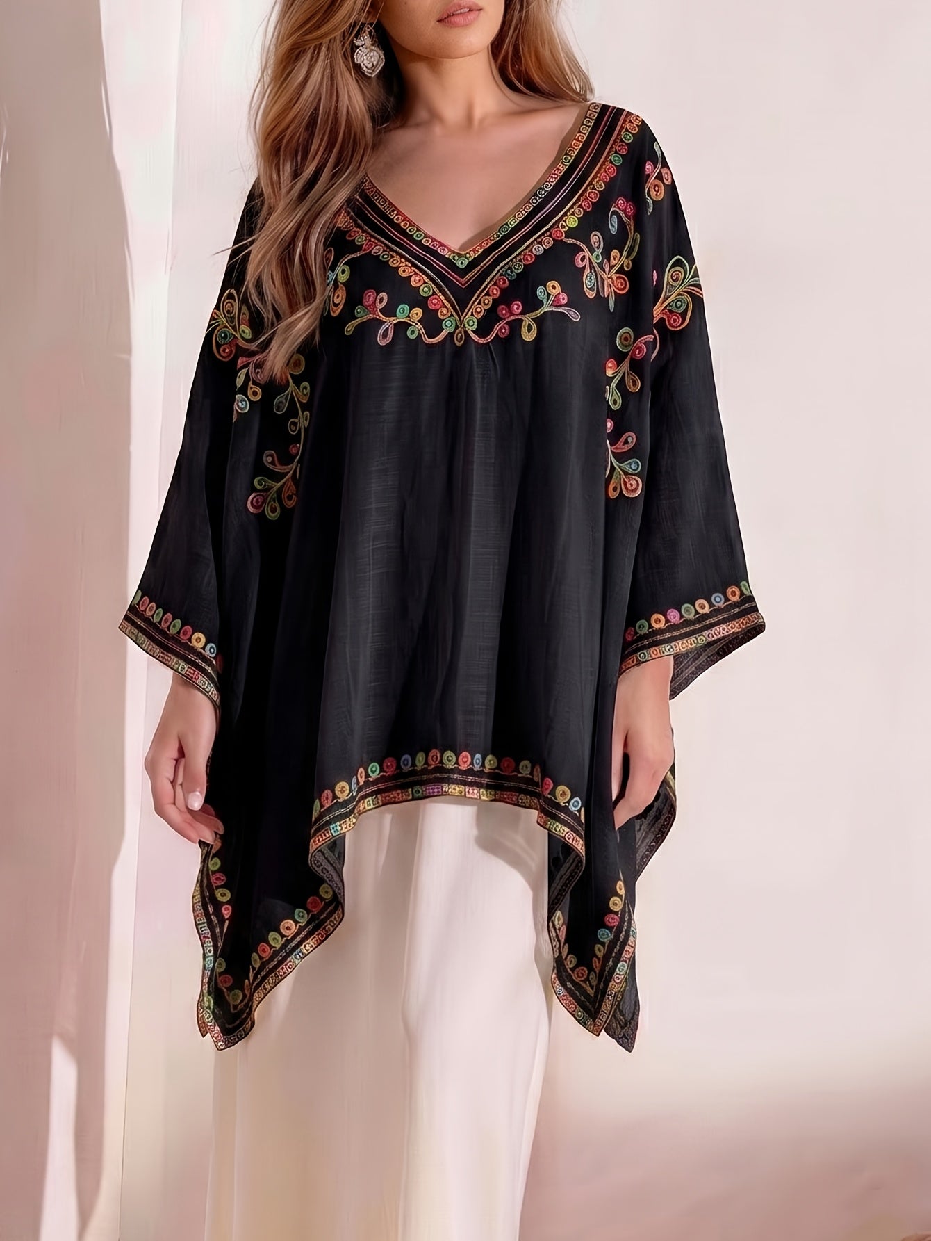 Effortless Poncho Shirt for Women with V Neck Embroidered Trim Draped Kaftan Style