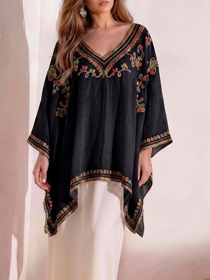 Effortless Poncho Shirt for Women with V Neck Embroidered Trim Draped Kaftan Style