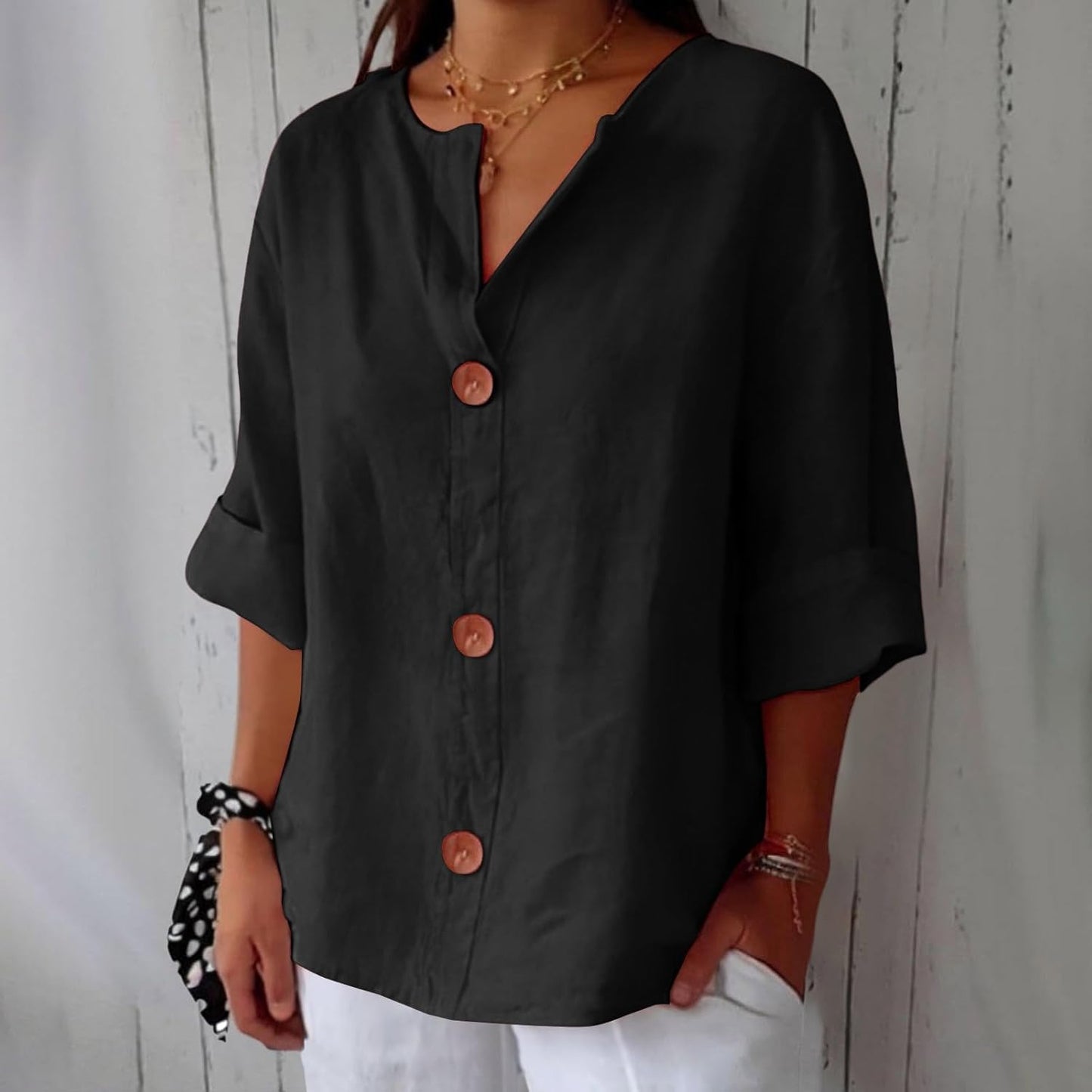 Effortless Linen Button Front Shirt for Women with V Neck Cuffed Sleeve Relaxed Casual Style