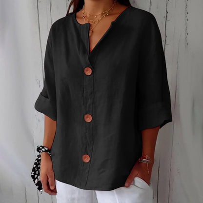 Effortless Linen Button Front Shirt for Women with V Neck Cuffed Sleeve Relaxed Casual Style
