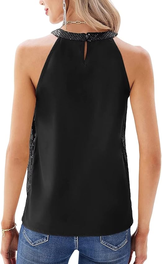 Elegant Black Sequin Halter Top for Women with Keyhole Back Sleeveless Sparkle Formal Party Style