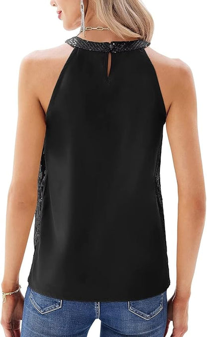 Elegant Black Sequin Halter Top for Women with Keyhole Back Sleeveless Sparkle Formal Party Style