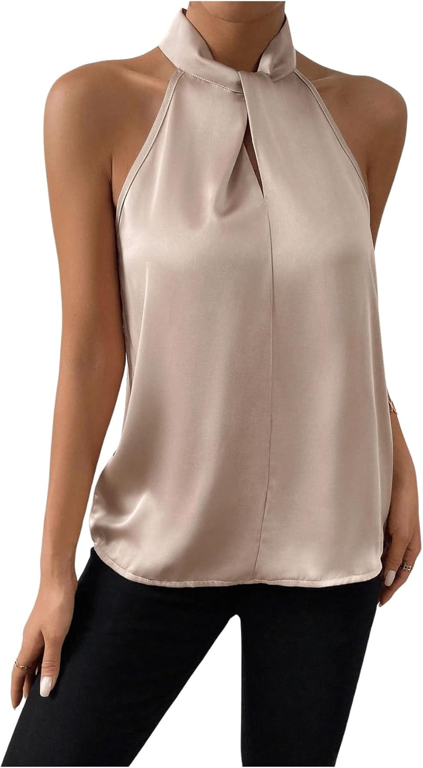 Elegant Gold Satin Halter Top for Women with Twist Neck Sleeveless Silky Style