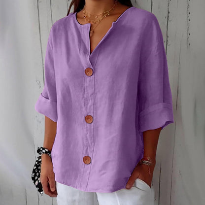 Effortless Linen Button Front Shirt for Women with V Neck Cuffed Sleeve Relaxed Casual Style