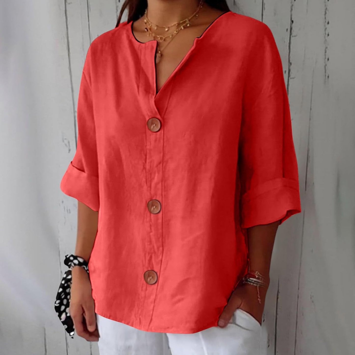 Effortless Linen Button Front Shirt for Women with V Neck Cuffed Sleeve Relaxed Casual Style