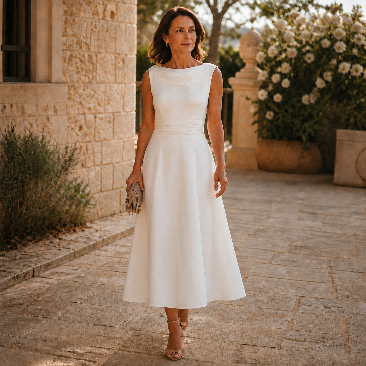 Elegant Draped Midi Dress for Women with Cowl Neck Sleeveless Pleated Waist Fall Wedding Guest Style
