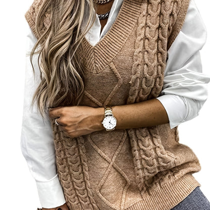 Cozy Cable Knit Sweater Vest for Women with V Neck Sleeveless Oversized Relaxed Style