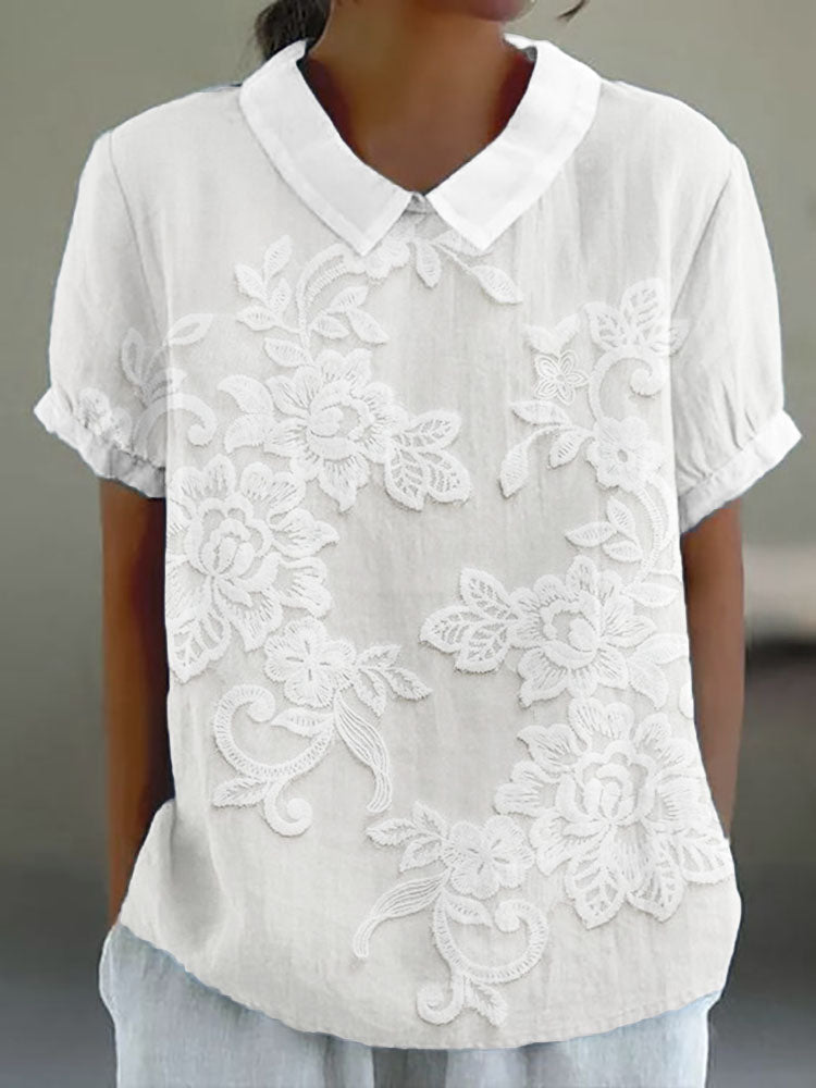 Effortless Floral Embroidered Collar Shirt for Women with Short Sleeve Lace Applique Relaxed Casual Style