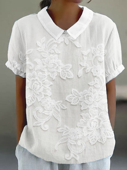 Effortless Floral Embroidered Collar Shirt for Women with Short Sleeve Lace Applique Relaxed Casual Style