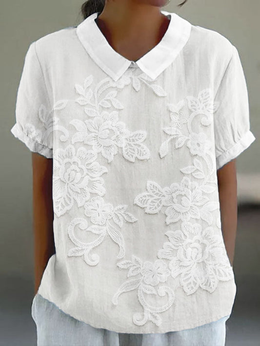 Effortless Floral Embroidered Collar Shirt for Women with Short Sleeve Lace Applique Relaxed Casual Style