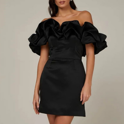 Elegant Satin Mini Dress for Women with Sweetheart Neckline Ruffle Sleeve Bodycon Cocktail Style