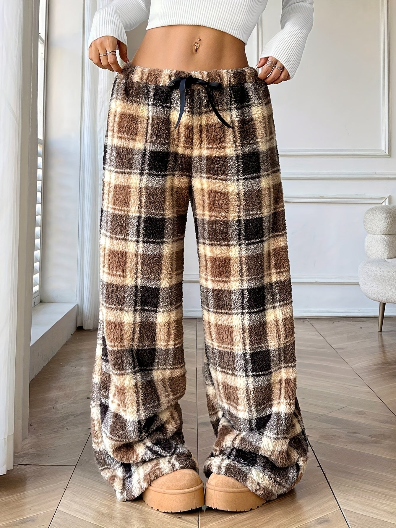 Warm Plaid Fleece Sweatpants for Women with Drawstring Waist Wide Leg Plush Lounge Style