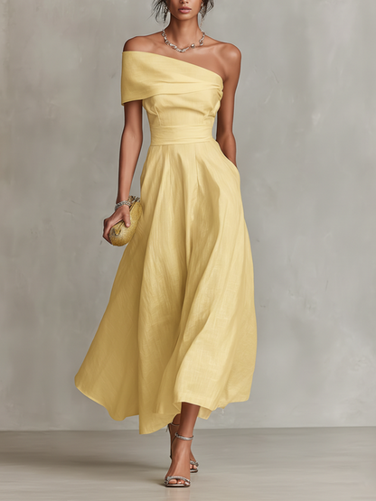 Elegant Yellow Linen Midi Dress for Women with One Shoulder Neckline Fitted Waist Formal Wedding Guest Style