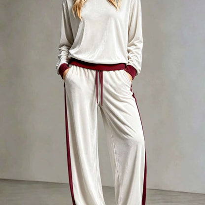Cozy Velvet Colorblock Sweatsuit for Women with Hooded Long Sleeve Wide Leg Drawstring Two Piece Style