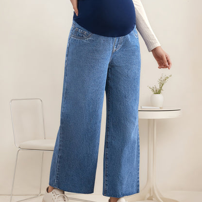 Effortless Blue Denim Maternity Jeans for Women with Wide Leg Belly Band Relaxed Casual Style