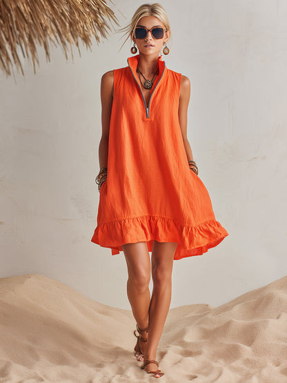 Effortless Linen Mini Dress for Women with Zip Collar Sleeveless Ruffle Hem Flowing Style