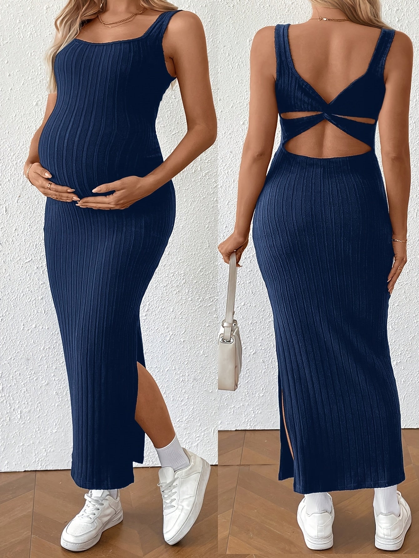 Elegant Ribbed Knit Maternity Maxi Dress for Women with Square Neck Sleeveless Crisscross Back Bodycon Style