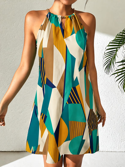 Effortless Geometric Print Halter Dress for Women with Chain Neck Keyhole Flowy Mini Bohemian Style