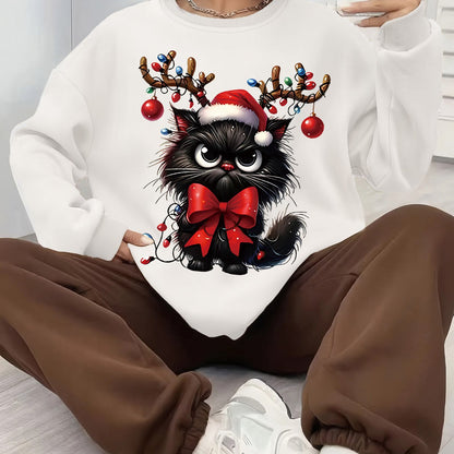 Comfortable Christmas Tacky Sweater for Women with Crew Neck Long Sleeve Cat Graphic Oversized Knit Style