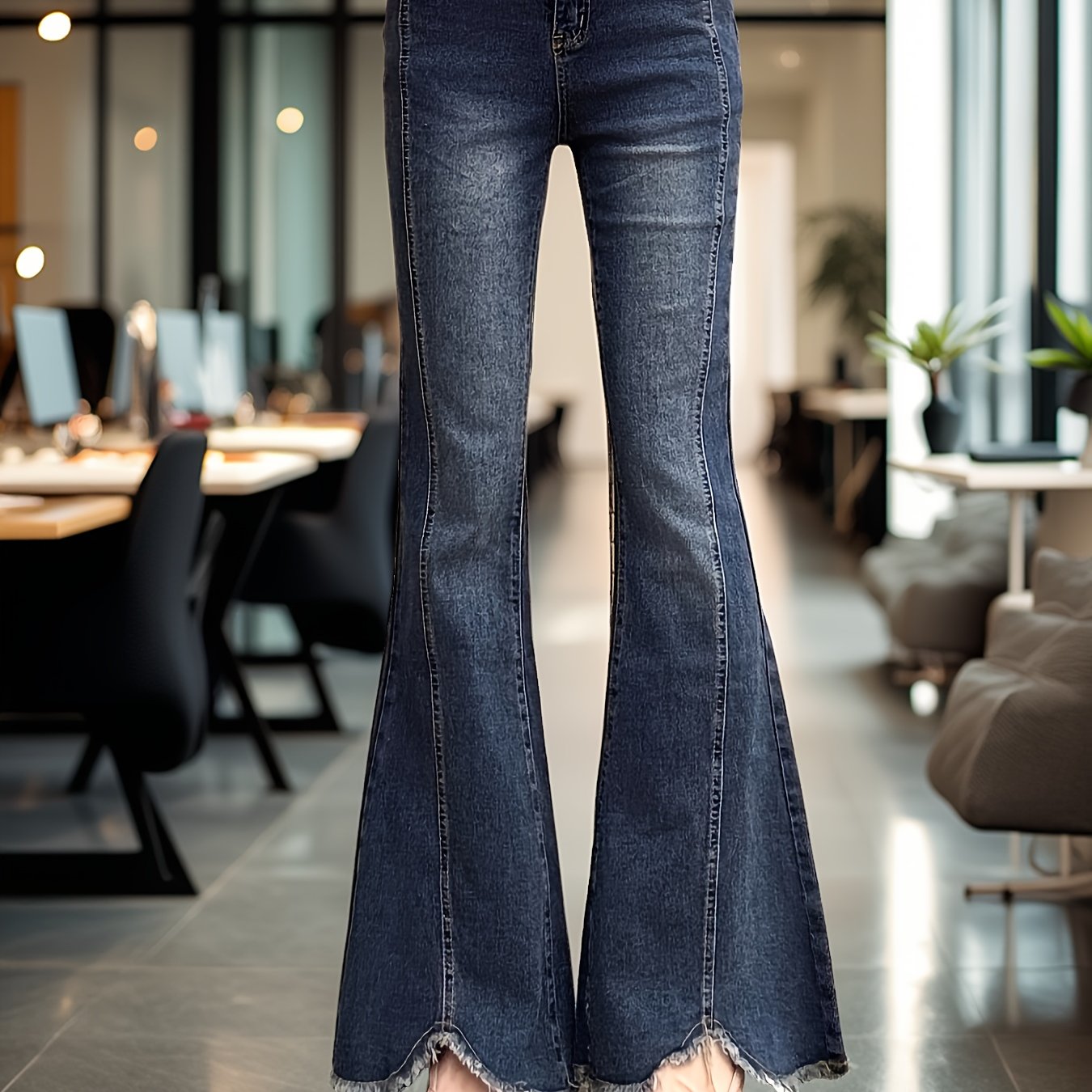 Effortless Medium Blue High Waisted Jeans for Women with Frayed Hem Flare Leg Relaxed Casual Style