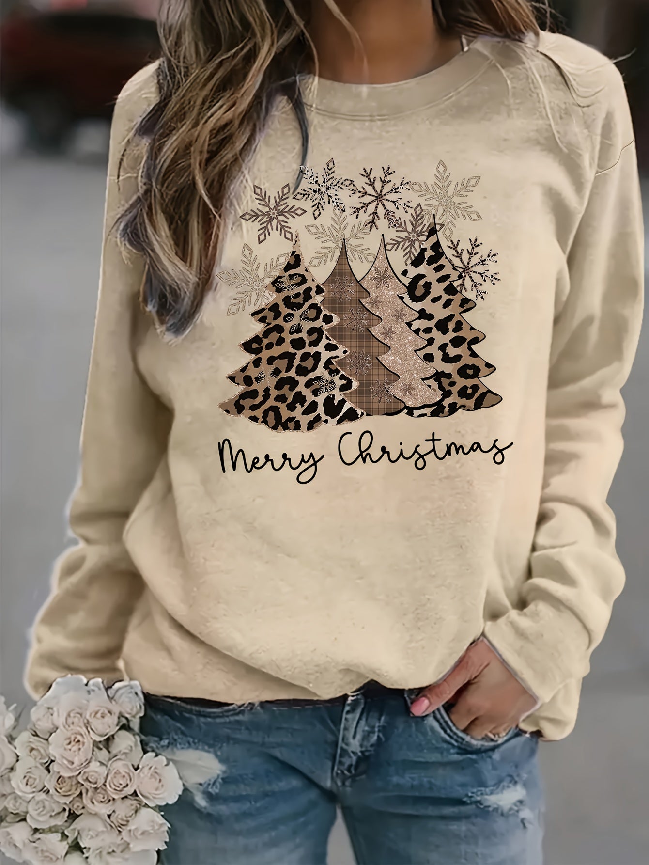 Comfortable Khaki Leopard Print Women's Christmas Sweater with Crew Neck Long Sleeve Drop Shoulder Oversized Knit Style