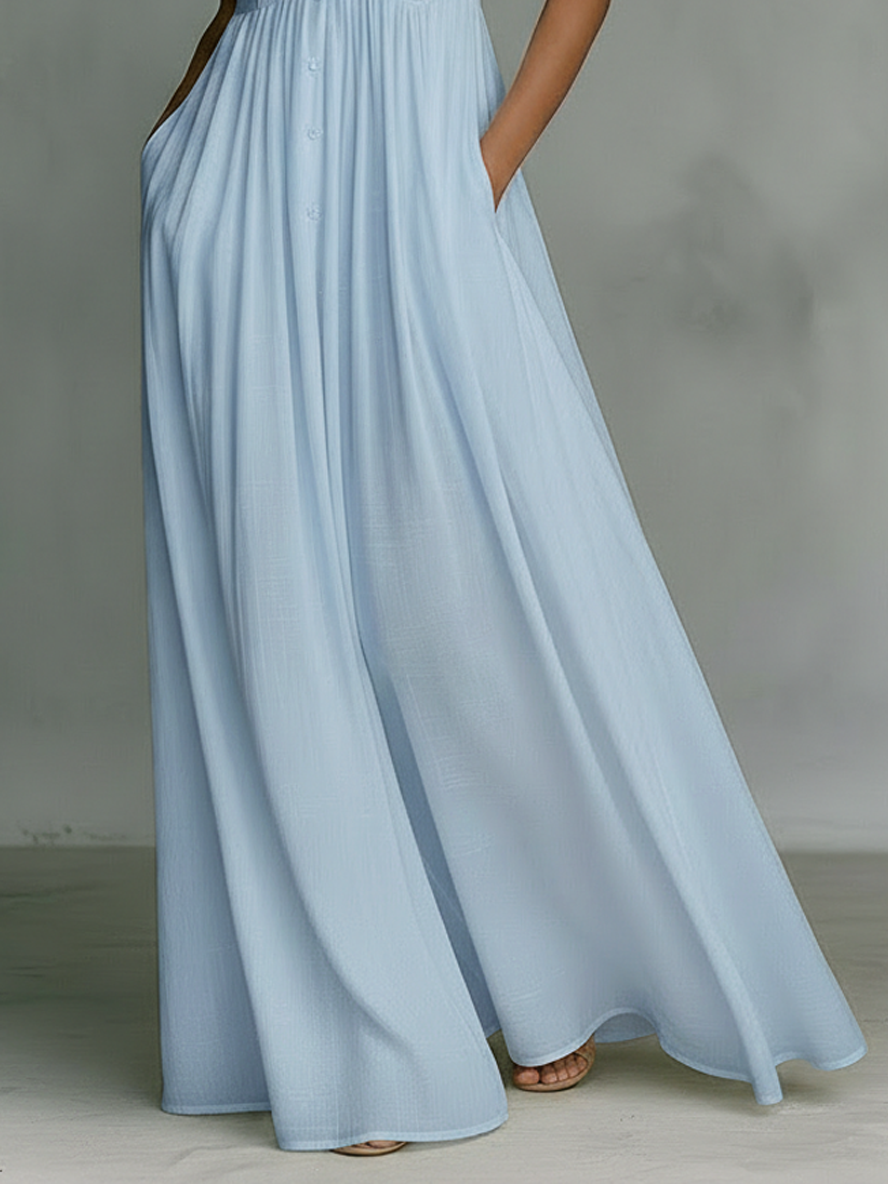 Effortless Blue Linen Maxi Dress for Women with Stand Collar Button Front Pleated Skirt Sleeveless Casual Style