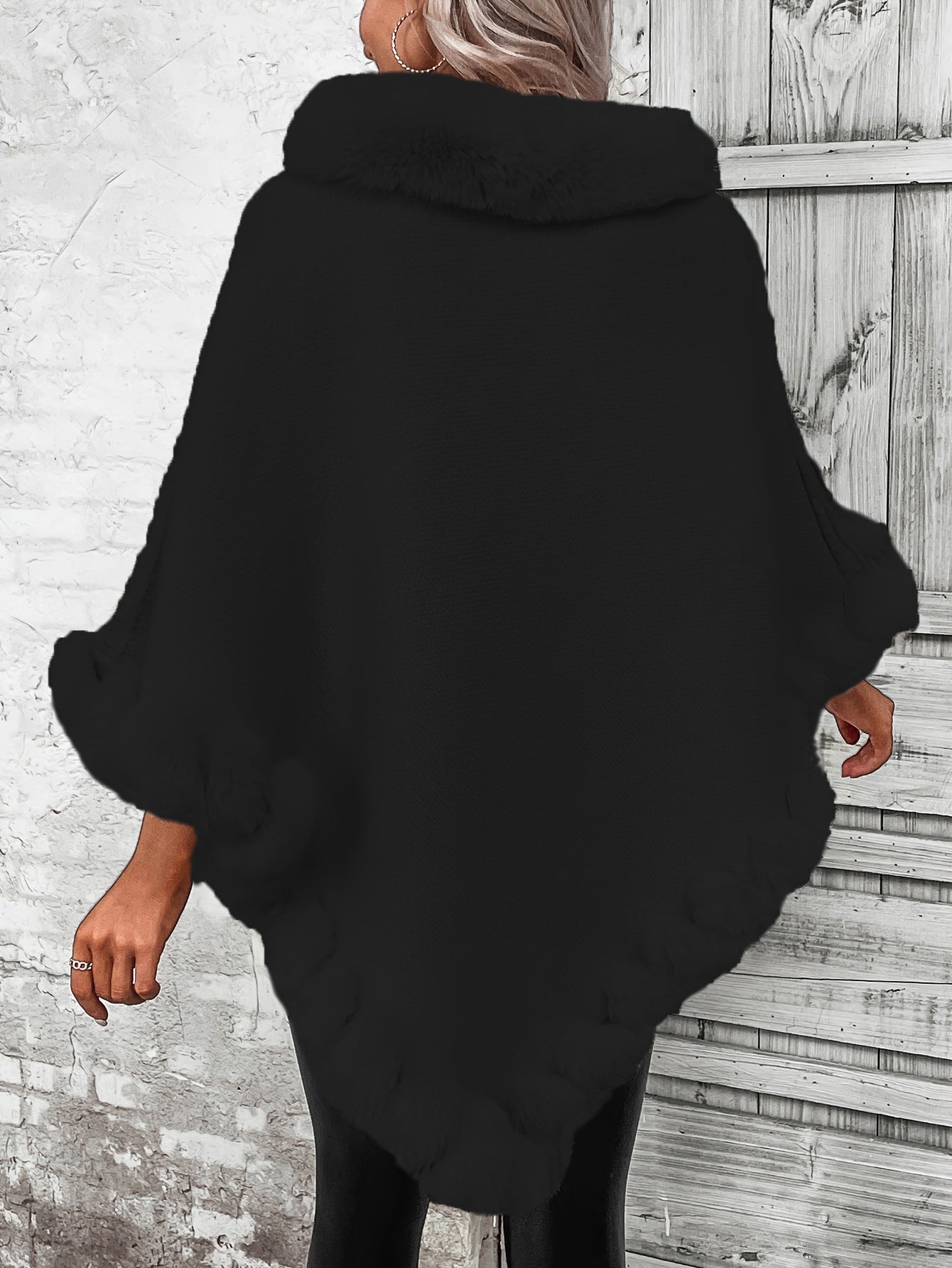 Comfortable Faux Fur Trim Poncho for Women with Turtleneck Batwing Sleeve Asymmetric Oversized Knit Style