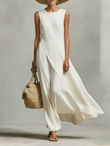 Effortless Ivory Linen Maxi Dress for Women with Crew Neck Asymmetric Hem Sleeveless Casual Summer Style