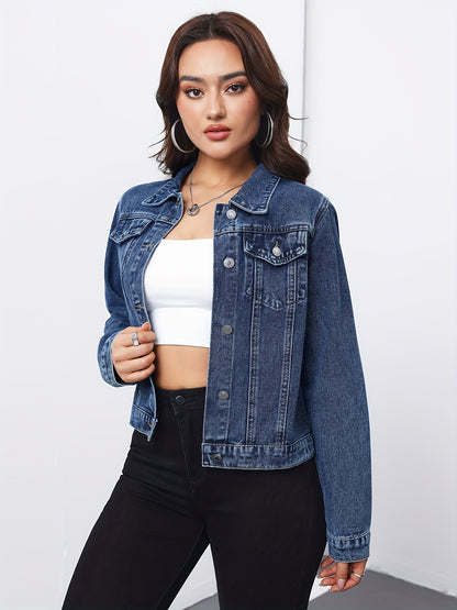 Effortless Medium Blue Jean Jacket for Women with Collar Long Sleeve Button Front Cropped Casual Style