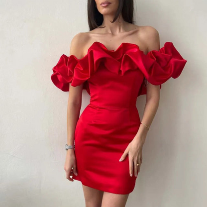 Elegant Satin Mini Dress for Women with Sweetheart Neckline Ruffle Sleeve Bodycon Cocktail Style