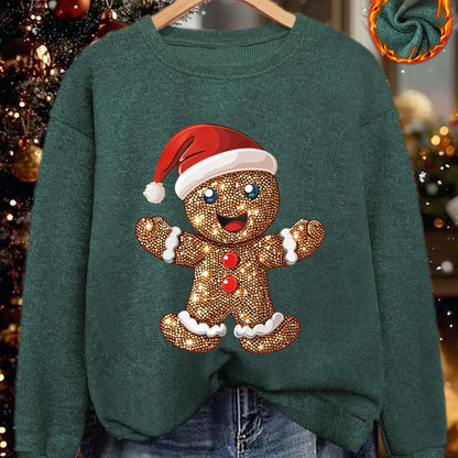 Comfortable Gingerbread Print Christmas Tacky Sweater for Women with Crew Neck Long Sleeve Sequin Graphic Pullover Style