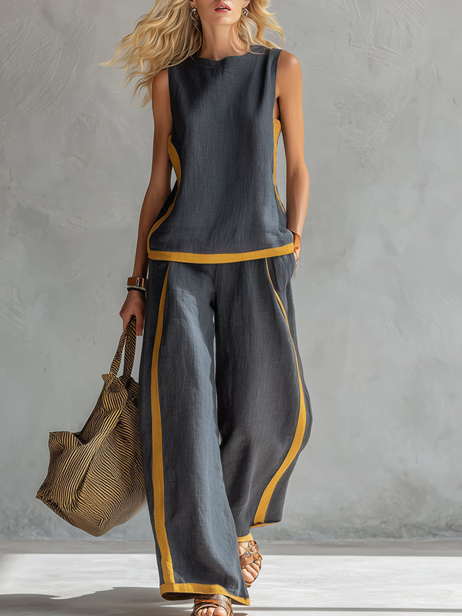Effortless Linen Two Piece Set for Women with Contrast Piping Wide Leg Pants