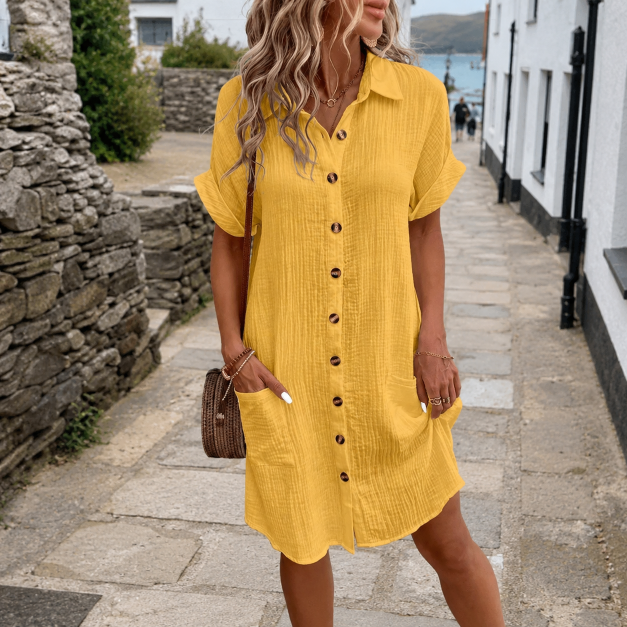 Effortless Cotton Gauze Shirt Dress for Women with Collar Short Sleeve Button Front Pocket Casual Style