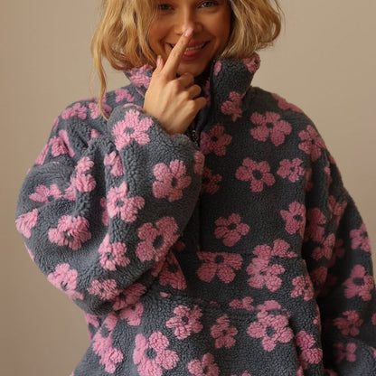 Comfortable Floral Sherpa Pullover for Women with Collar Half Zip Long Sleeve Oversized Knit Style